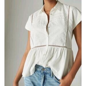 Lucky Brand Eyelet Lace Button Through Peplum Top sz M Whisper White Cotton Boho